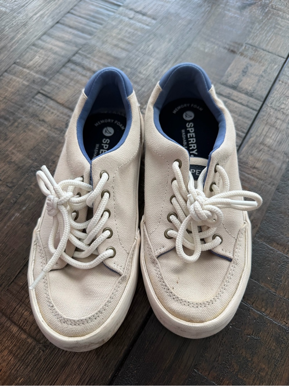 Sperry Kids Cream Canvas Boat Shoes with Blue Lining